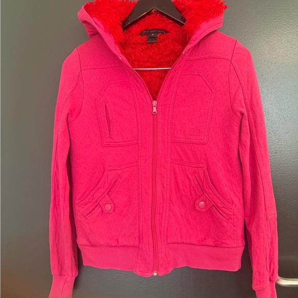Marc By Marc Jacobs S Y2K vibe Pink Hoodie Sweatshirt with red faux fur hood GUC - Picture 3 of 16